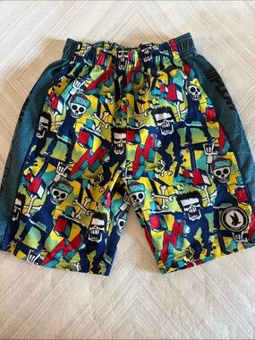Flow Society Boys Athletic Shorts Size Small Skull Print Multicolor Activewear